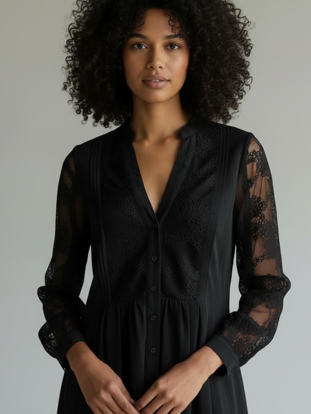 Silk BEBE Black Lace-Panel Button Front Blouse